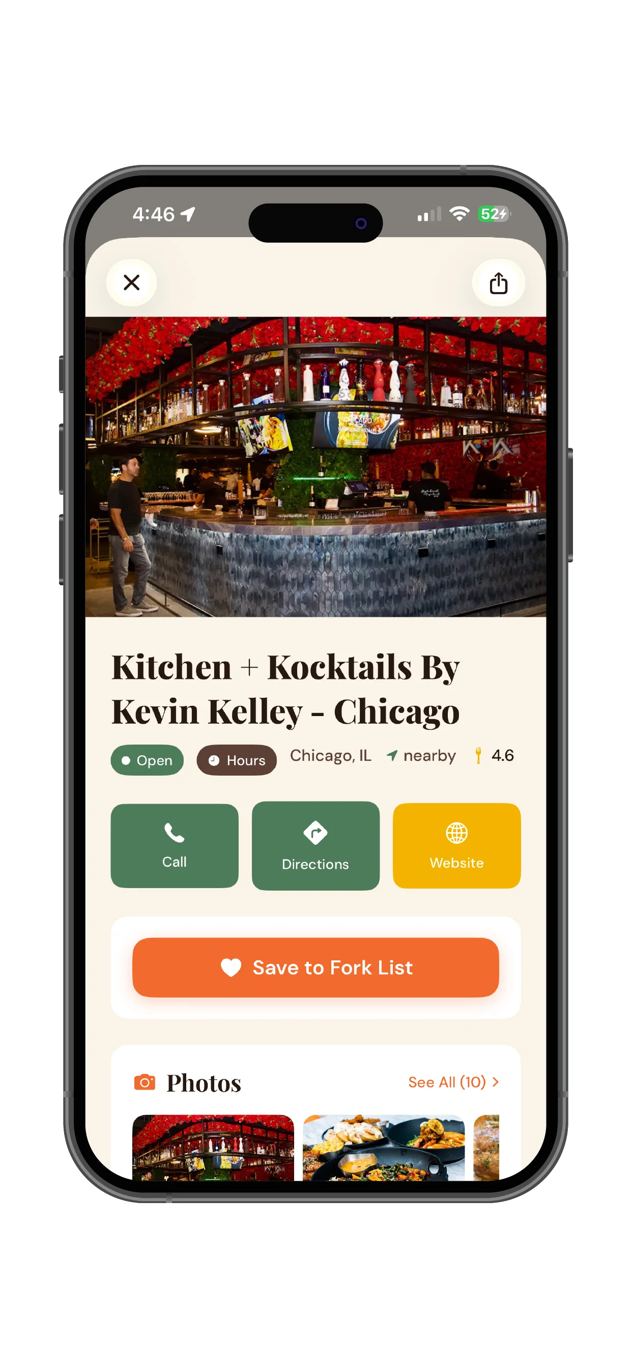 Restaurant detail screen showing photos, hours, and a Save to Fork List button